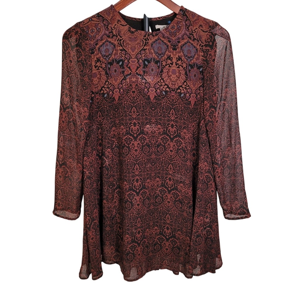 Ecote Brown Kilim Carpet Print Brown Chiffon Mini Dress XS Boho‎ Goth Whimsigoth